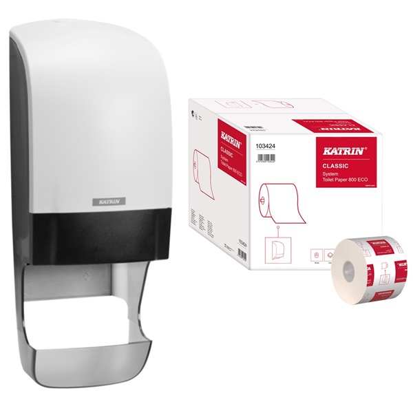 Click for a bigger picture.Katrin System Toilet Roll Dispenser Starter Pack White - Kit Includes 36 Rolls