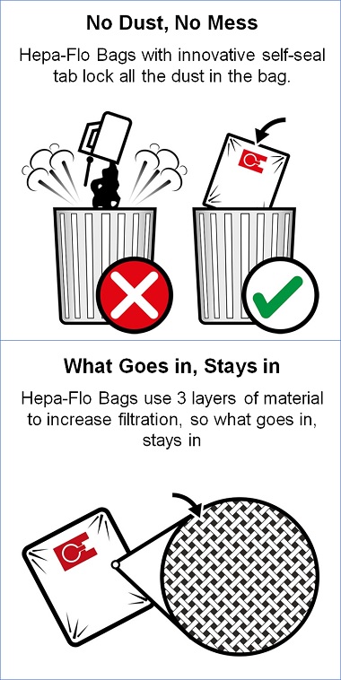 Numatic / Henry Genuine Hepa-Flo Vacuum Dust Bags. - No Dust, No Mess. Hepa-Flo Bags with innovative self-seal tab lock all the dust in the bag. Hepa-Flo Bags use 3 layers of material to increase filtration, so what goes in, stays in