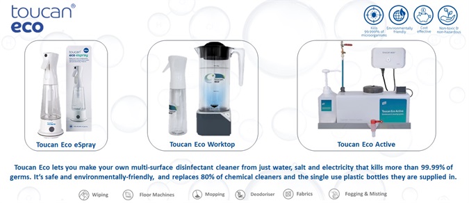 Toucan Eco lets you make your own multi-surface disinfectant cleaner from just water, salt and electricity that kills more than 99.99% of germs. 