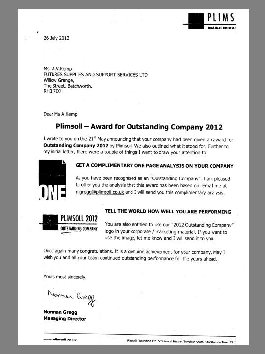 Plimsoll Publishing Award Futures Supplies ’Outstanding Company’