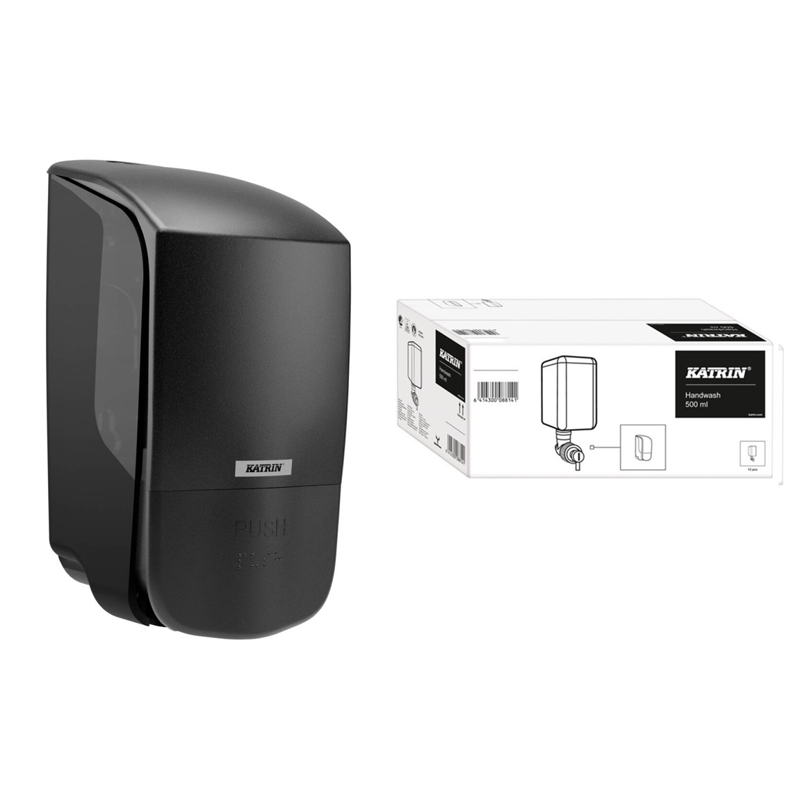 Katrin System Soap Dispenser Starter Pack Black - Kit Includes 12x 500ml Cartridges