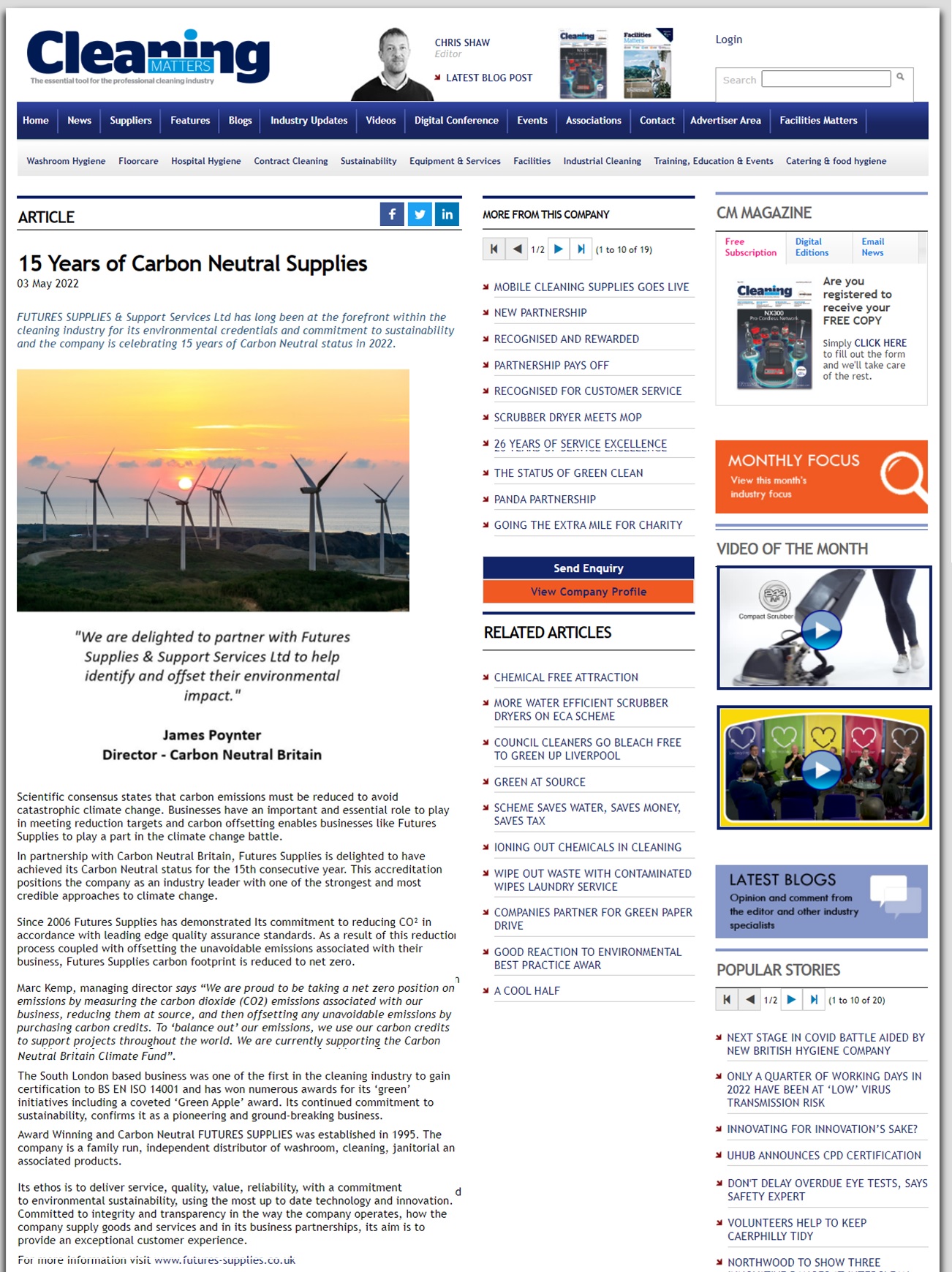15 Years of Carbon Neutral Supplies
03 May 2022
FUTURES SUPPLIES & Support Services Ltd has long been at the forefront within the cleaning industry for its environmental credentials and commitment to sustainability and the company is celebrating 15 years of Carbon Neutral status in 2022.