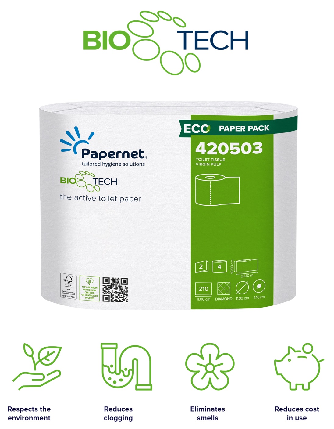 Papernet Bio Tech 420503 Toilet Roll.

BIO TECH is the active toilet paper that combats bacteria and cleans the pipes in your restrooms.