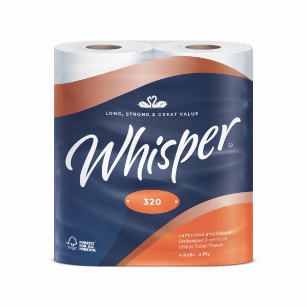 Click for a bigger picture.Whisper 320 Sheet Toilet Roll 2ply