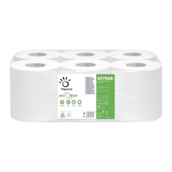 Click for a bigger picture.Bio Tech Mini Jumbo Toilet Roll 2ply 150m 76mm Core - 405 Sheet - Anti Clog