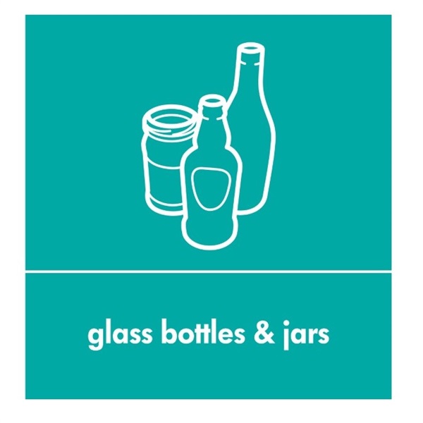 Click for a bigger picture.Recycling Sticker Teal Glass Bottles Jars