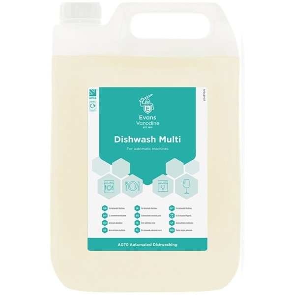 Click for a bigger picture.Evans Dishwash Multi 5LTR - Handle Product With Care - Corrosive