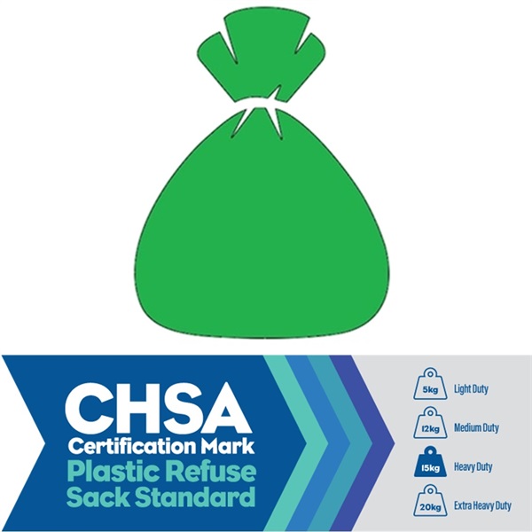 Click for a bigger picture.Green Refuse Sacks CHSA - Heavy Duty (15kg) 90L 18x29x38