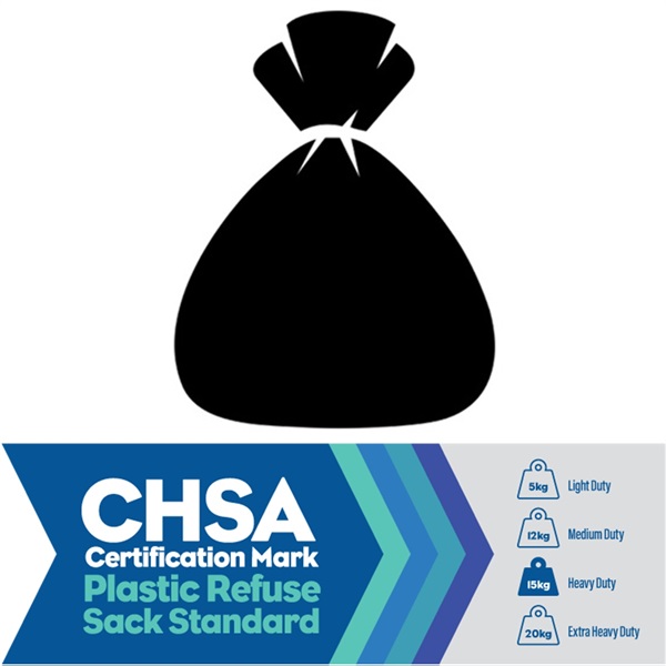 Click for a bigger picture.Black Refuse Sacks CHSA - Heavy Duty (15kg) 90L 18x29x38 (UK)