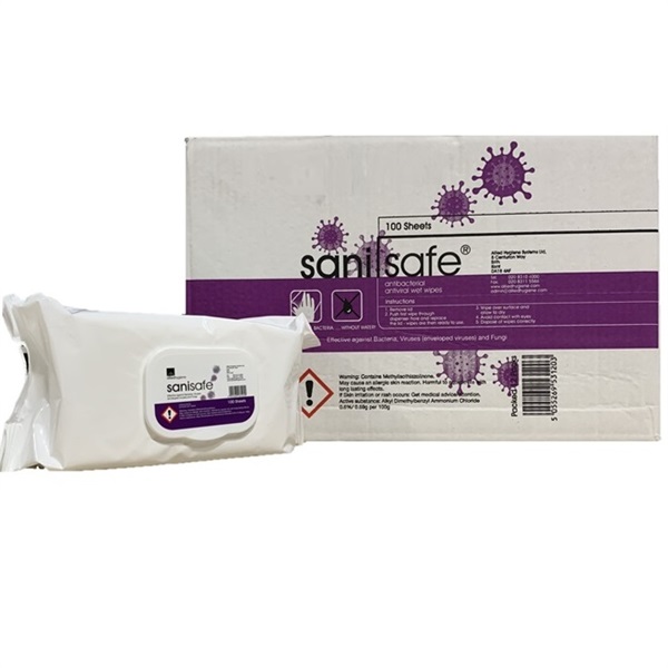 Click for a bigger picture.Sanisafe Anti Viral Hand + Surface Wipes Pack 100 - Passes EN 14476 / EN 1276