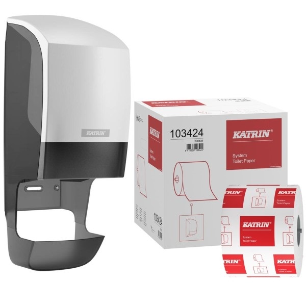 Click for a bigger picture.Katrin System Toilet Roll Dispenser Starter Pack White - Kit Includes 36 Rolls