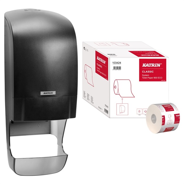 Click for a bigger picture.Katrin System Toilet Roll Dispenser Starter Pack Black - Kit Includes 36 Rolls