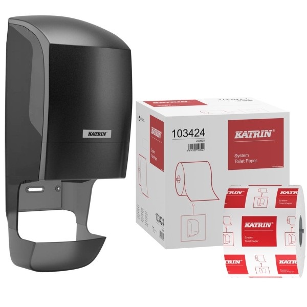 Click for a bigger picture.Katrin System Toilet Roll Dispenser Starter Pack Black - Kit Includes 36 Rolls