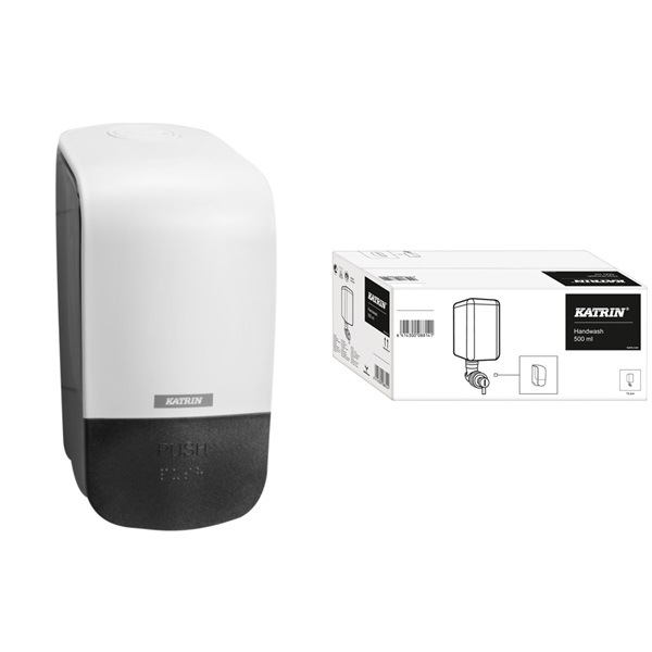 Click for a bigger picture.Katrin System Soap Dispenser Starter Pack White - Kit Includes 12x 500ml Cartridges