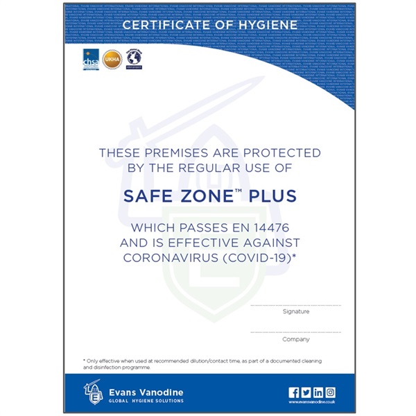 Click for a bigger picture.Certificate of Hygiene - Safe Zone Plus